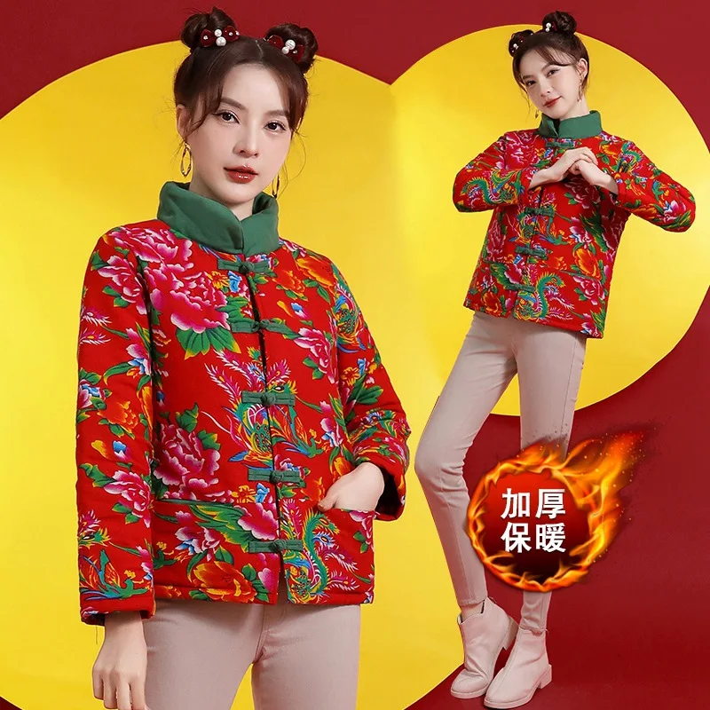 Northeast big flower cotton-padded jacket ethnic wind floral cotton-padded jacket fashion dish buckle winter short coat