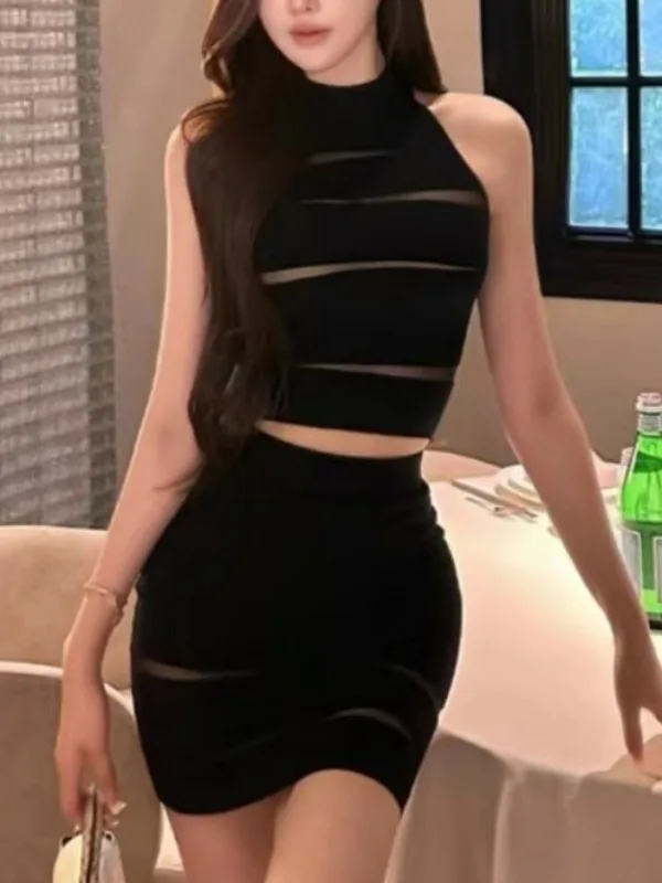 Summer Mesh Splice Hollow out Sleeveless Neck Hanging Vest Women's Body Shape Set Pure Desire Wrap Hip Half Skirt Two Piece Set