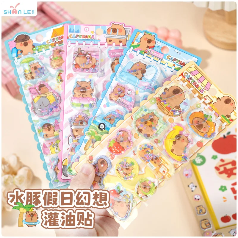 

1/4pcs Kawaii Capybara 3d Oil Filling Sticker Cute With Beads Shake Water Filling Sticker Diy Mobile Phone Case Account Sticker