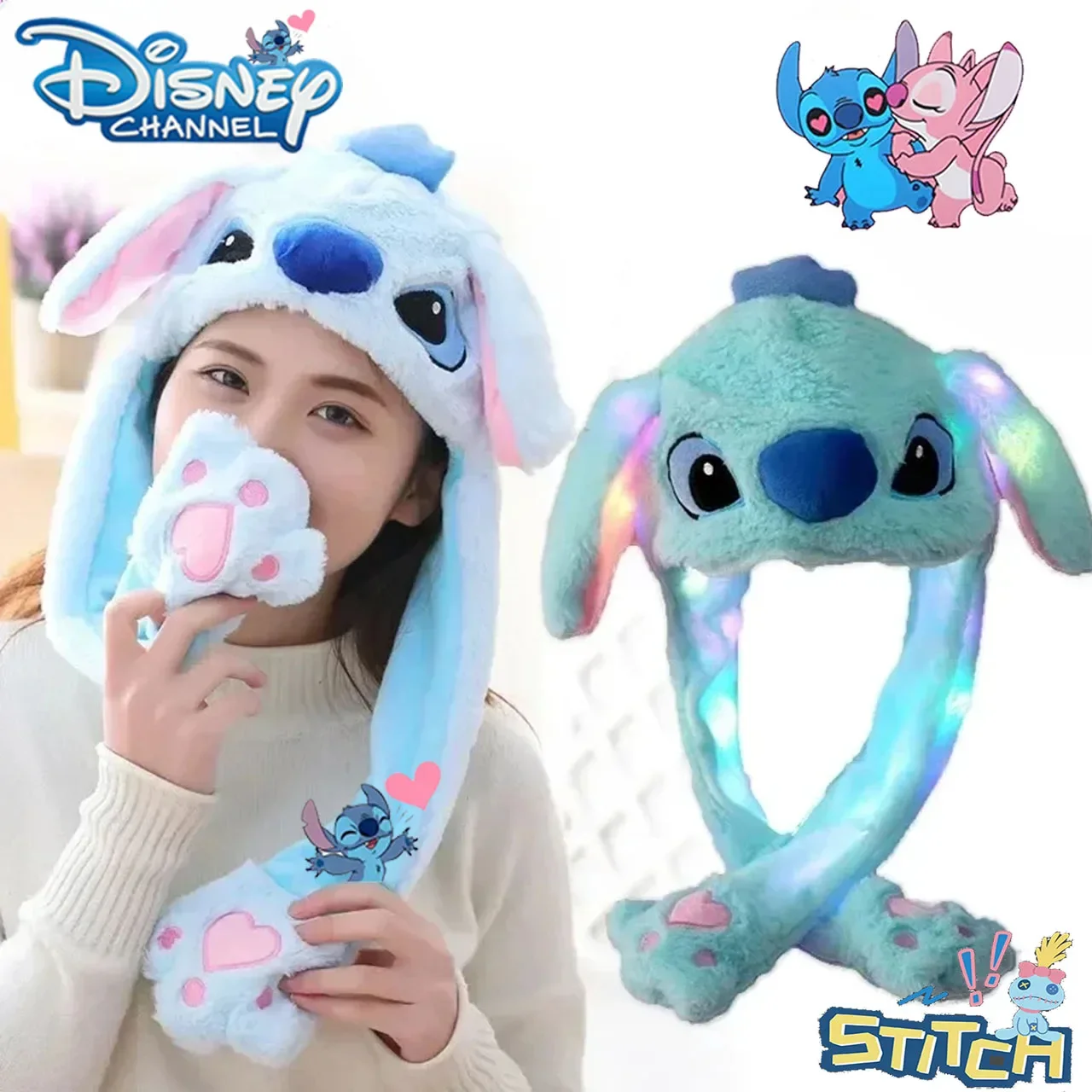 Disney Kawaii Plush Stitch Glowing Ear Funny Moving Jumping Rabbit Hat Bunny Hat Cosplay Hat Kids Halloween Party Accessories