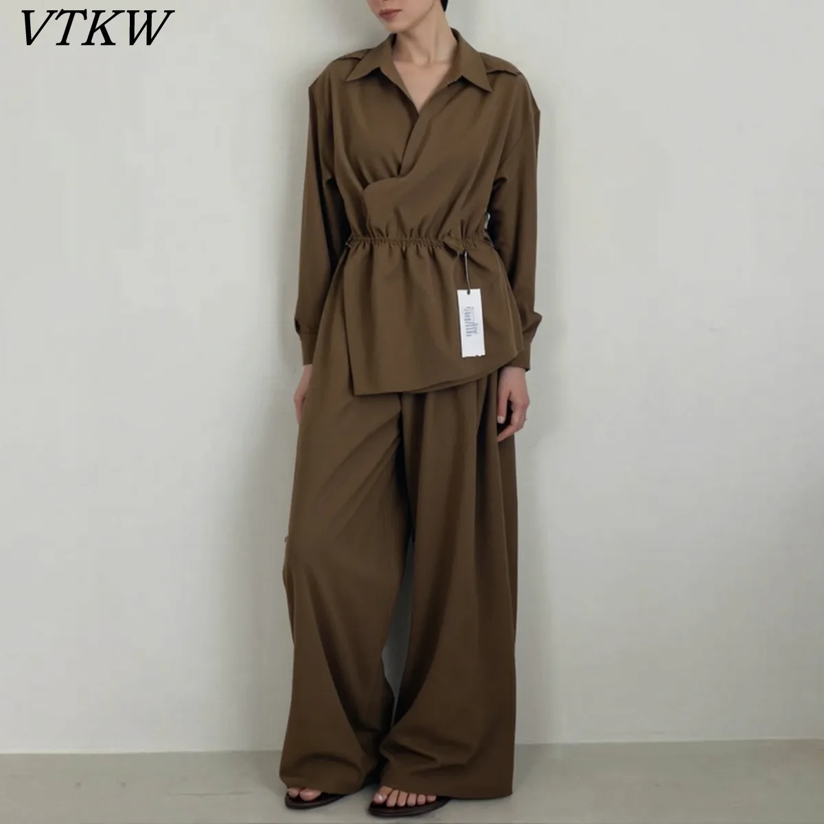 

VTKW 2025 New Women’s 2PC Vintage Elegant V-Neck Long Sleeve Blouse & Wide Leg Pants Set Fall Winter Premium Chic Casual Outfit