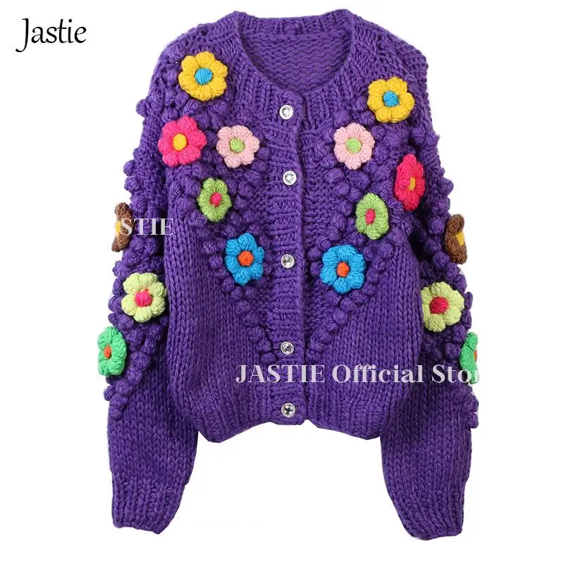 

Jastie 2023 Autumn And Winter New Women's Clothing Colorful Flowers Round Neck Long-sleeve Purple Knit Sweater Cardigan Jumpers