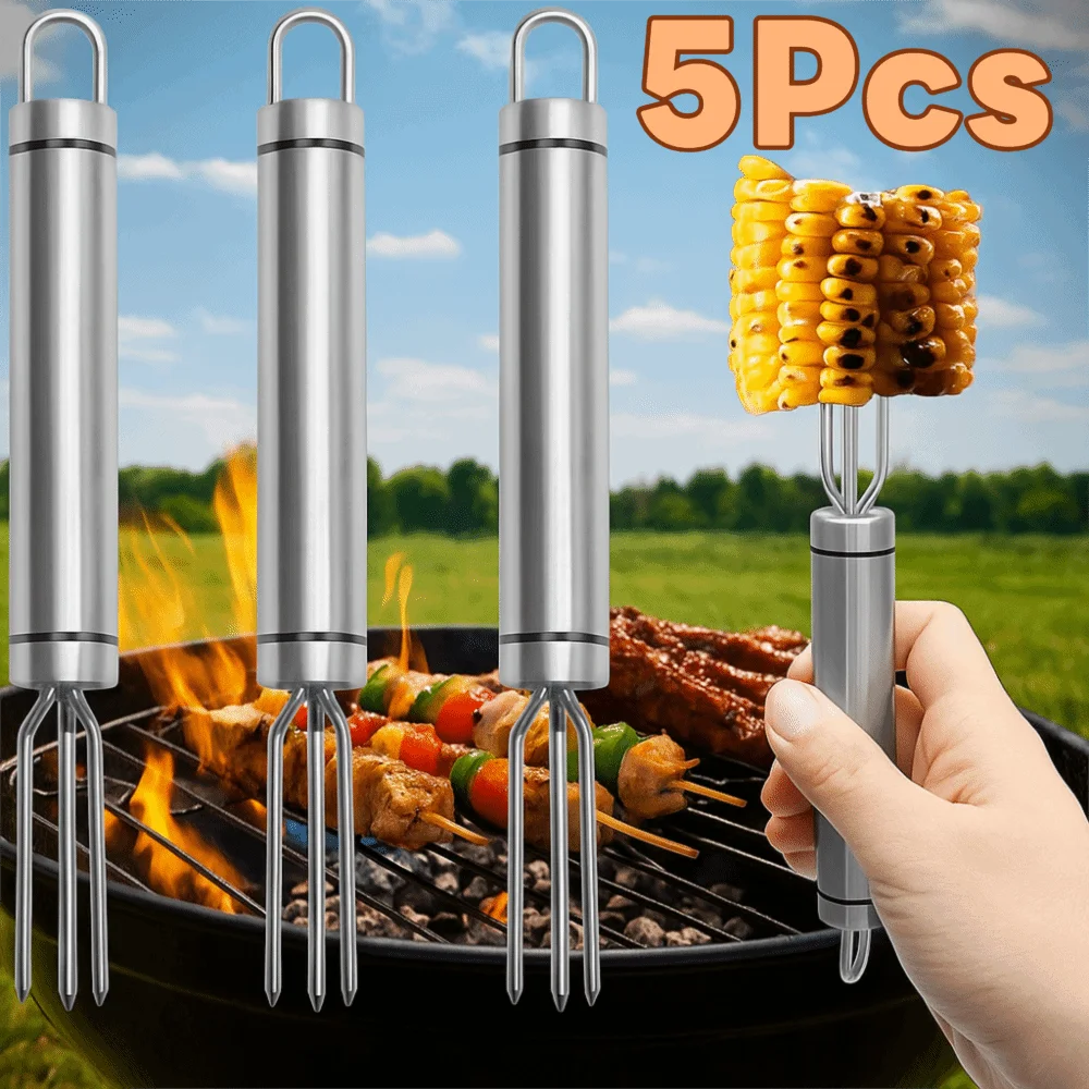Juego de tenedores de maíz de acero inoxidable, accesorio para barbacoa, reutilizable, 3 puntas, brocheta para barbacoa, soporte para asar a prueba de herrumbre, 5 uds.