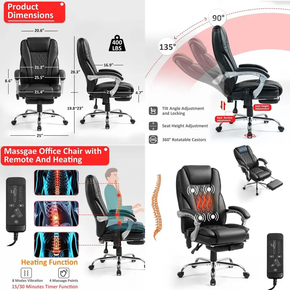 

Эргономичное офисное кресло из кожи с откидной спинкой и подставкой для ног - удобное черное компьютерное кресло