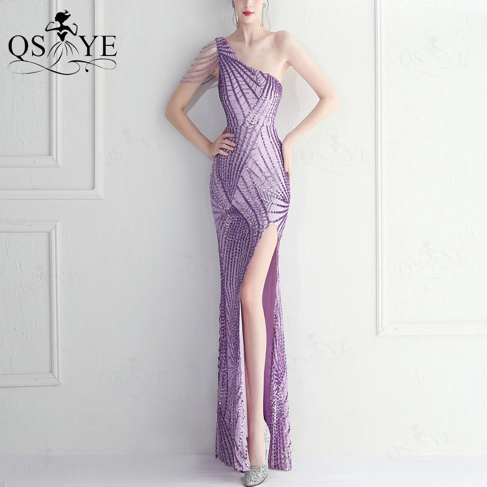 

Beading One Shoulder Light Purple Prom Dresses Unique Lace Pattern Sequin Evening Gown Sexy Split Lilac Formal Party Gown Chic