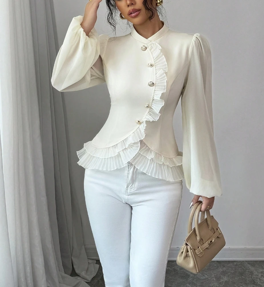 

Spring Summer Women's Blouse White Long Sleeve Ruffled Trim Buttons Slim Fit Elegant Vintage Daily Party Dating Top