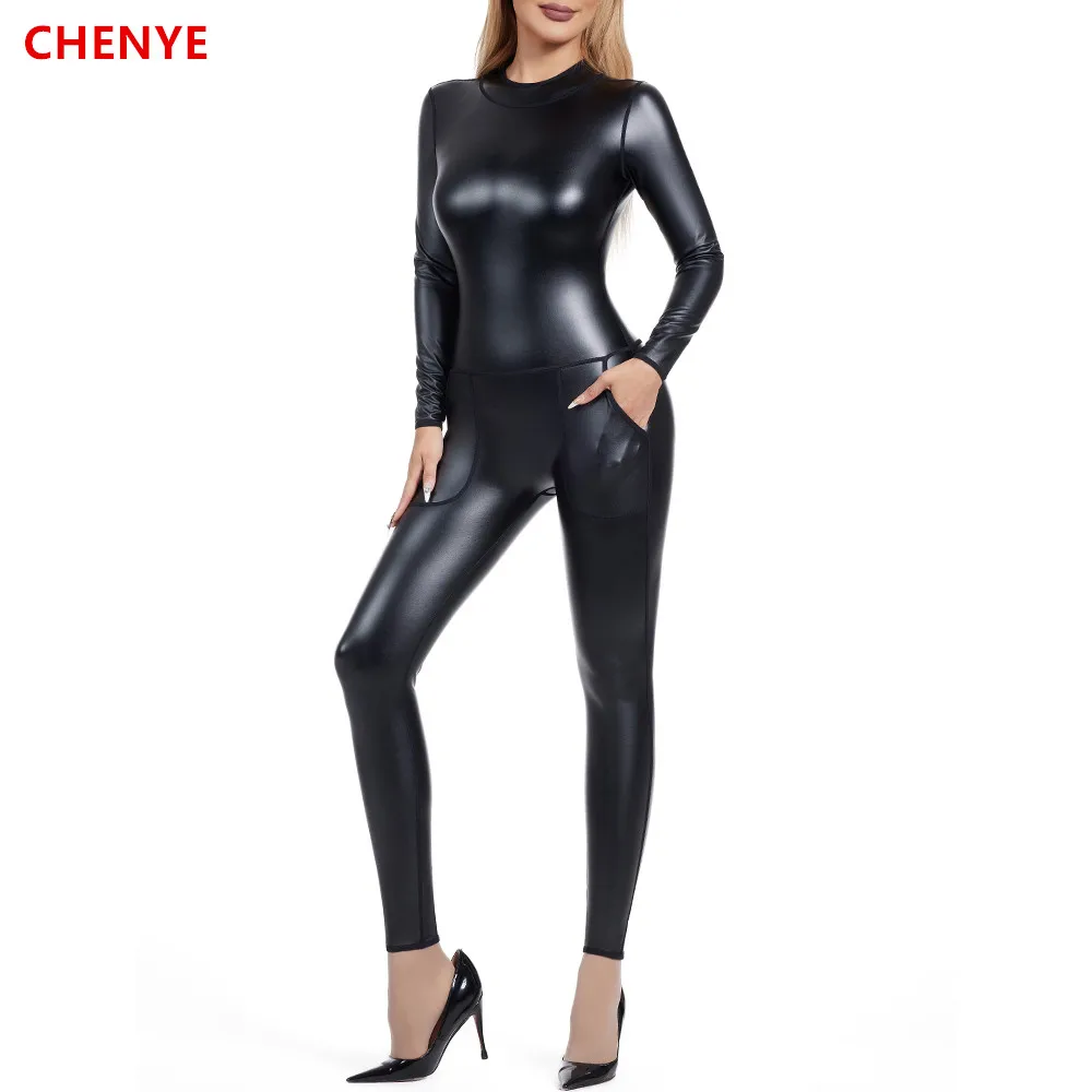 Women Body Shaper Bodysuit Skinny Shapewear Sexy Jumpsuit Women\'s Back Zip Stretch Leather Slim jumpsuit with Pockets Party Club