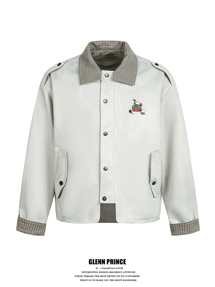 

Мужская повседневная куртка GPstudio в американском ретро-стиле с вышивкой, цветным клетчатым воротником и широким замшевым верхом, свободного кроя