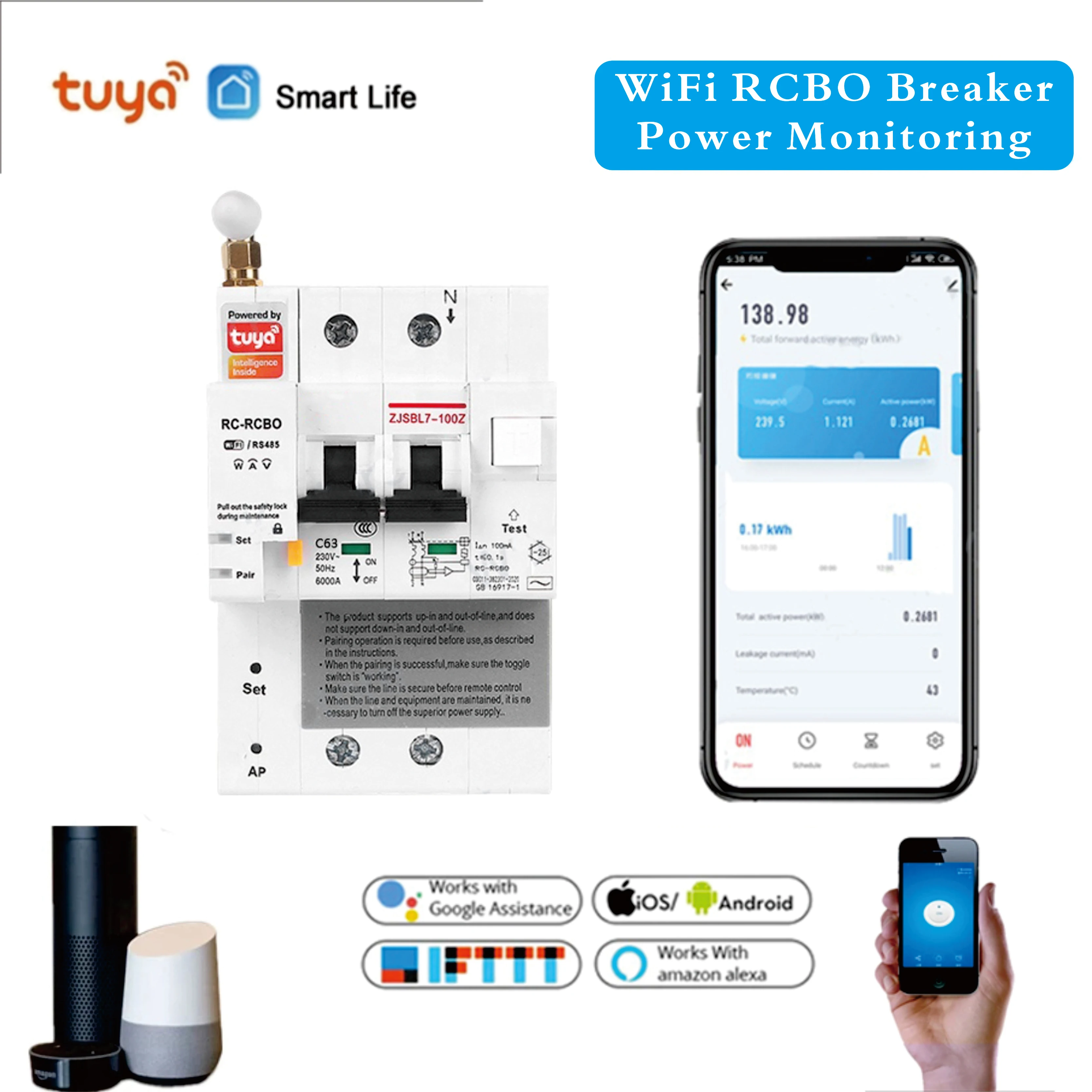 Din Rail Tuya Smart RCBO Circuit Breaker with Energy Monitoring 2P WiFi RCBO MCB Leakage Current Protection Alexa Compatible