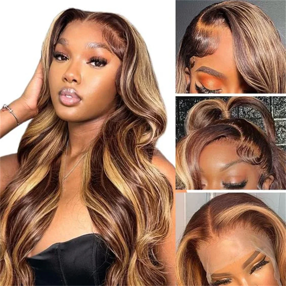 13x4 Transparent Lace Frontal Wig Ombre Highlight Body Wave Human Hair Wig Pre Plucked With Baby Hair For Salon Quality