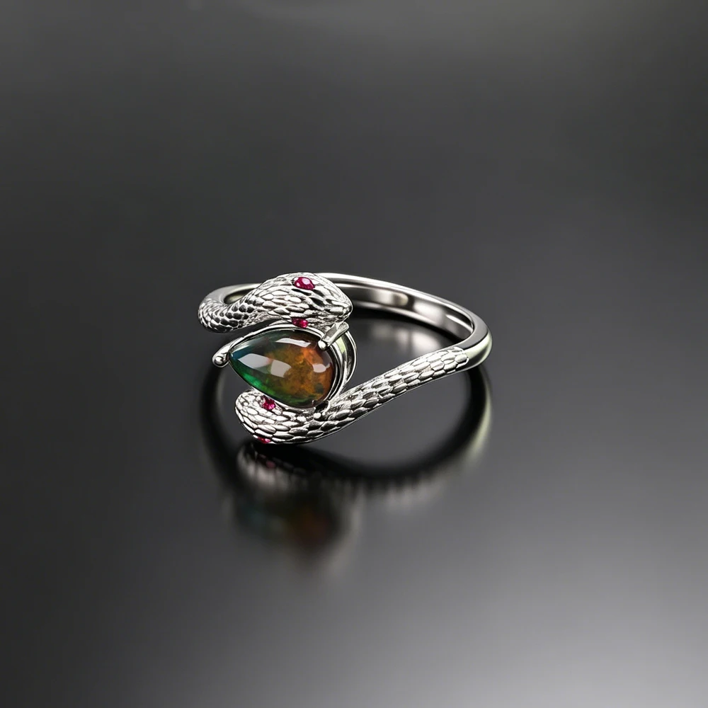 Vintage Snake Natural Black Opal Rings Sterling 925 Silver Gemstone 6*8mm for Women Birthday Party Jewelry Gift