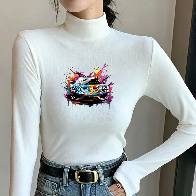 Winter Women's Thermal Brushed Fleece Half Mock Neck Long Sleeve T Shirt Colorful Sports Car Splash Graphic Warm Tee