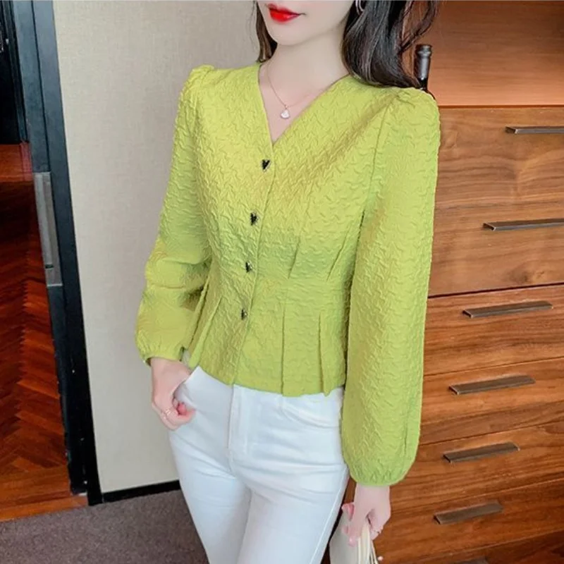 French Casual V-Neck Puff Long Sleeved Women\'s Shirts And Blouses Heart Button Pleated Slim Top Office Lady\'s Elegant Shirt