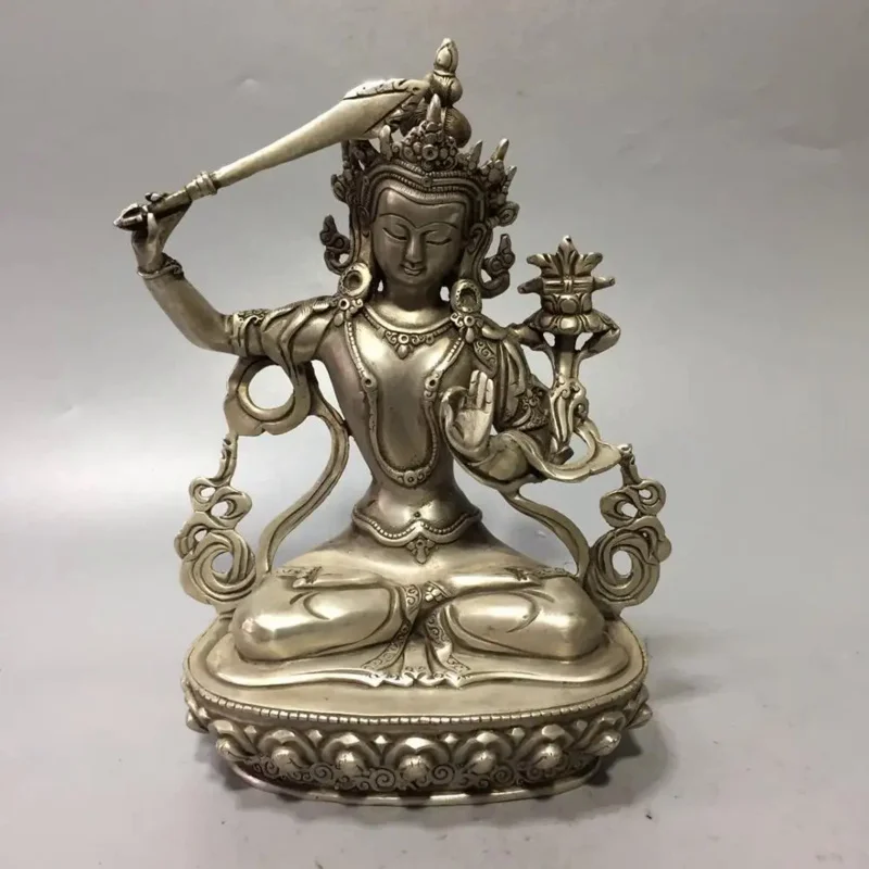 

Exquisite White Copper Holding Sword Wenshu Guanyin Buddha Home Decoration