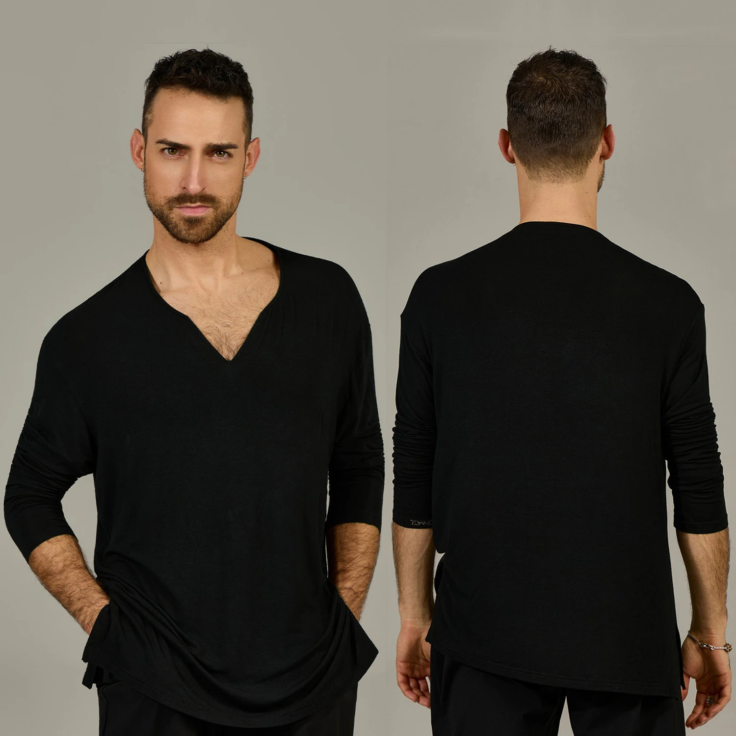 

Мужские черные топы для латинских танцев, одежда для выступлений в бальных танцах с длинными рукавами, одежда для занятий румбой, сальсой, танго, SS1897