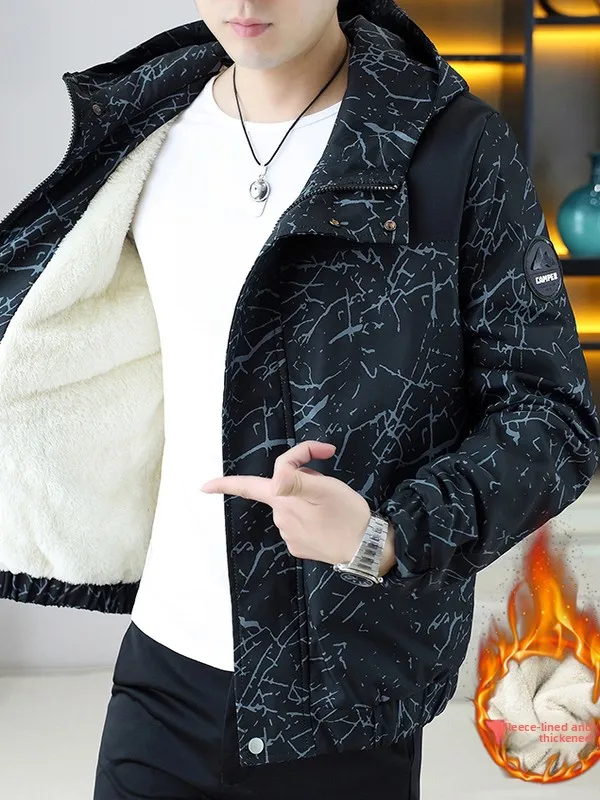 جاكيت رجالي فضفاض على الطراز الأمريكي مبطن بالصوف السميك للخريف والشتاء معطف قطني مطبوع بغطاء للرأس عصري للشباب من ألياف البو...