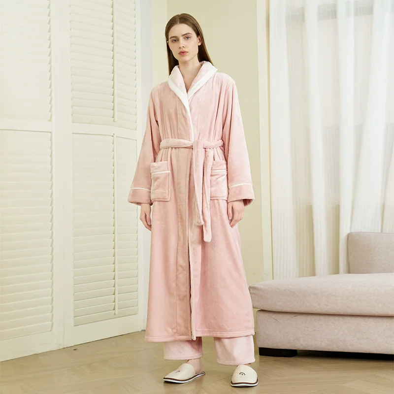 

Men Sleepwear Thicken Flannel Kimono Robe Pant Suit Soft Loungewear Thick Intimate Lingerie Couple Autumn Winter Nightwear
