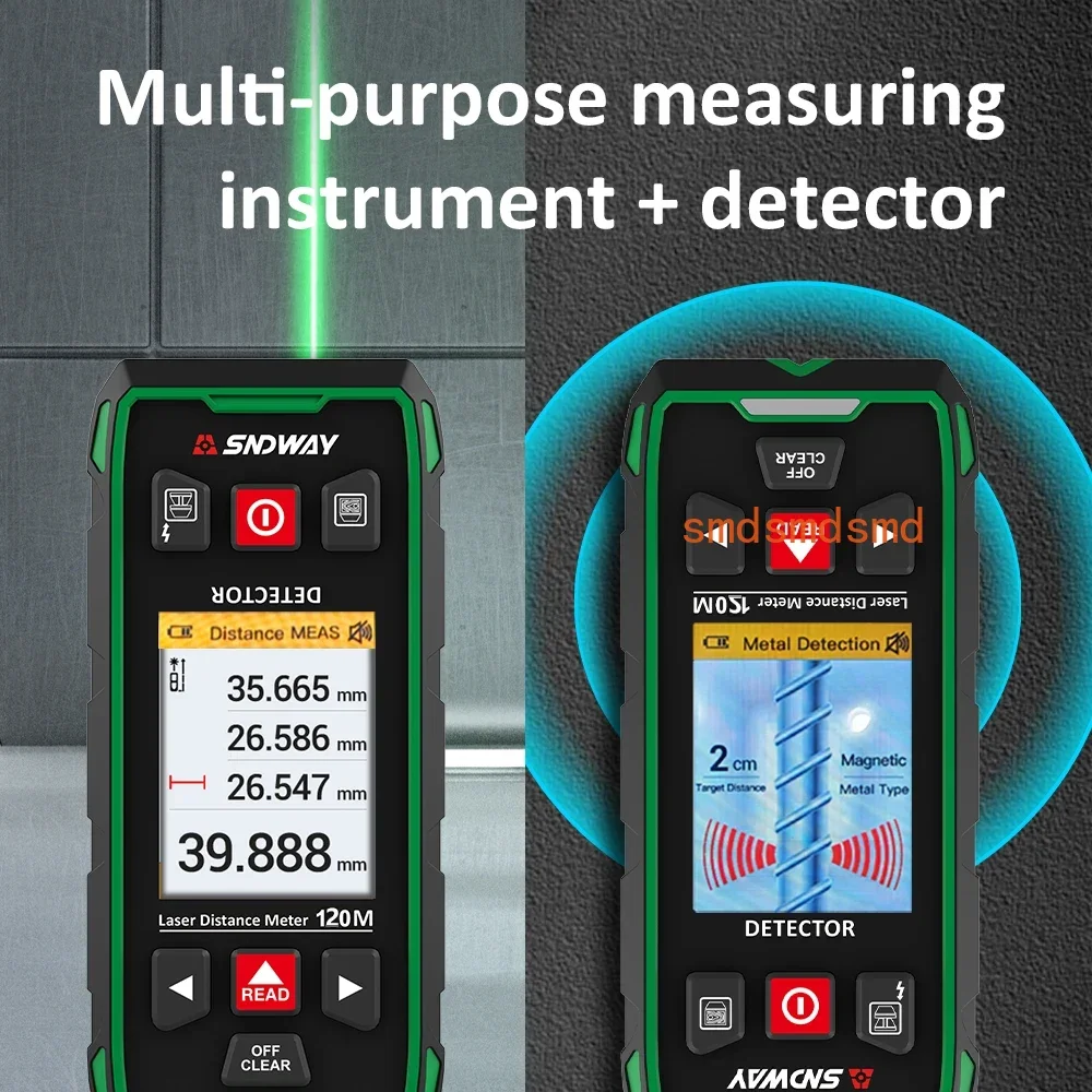 SW-6100GT 2-in-1 Laser Rangefinder Wall Scanner Metal Wood Stud Live Cable Detector 393ft/120M Laser Measurement Distance Meter