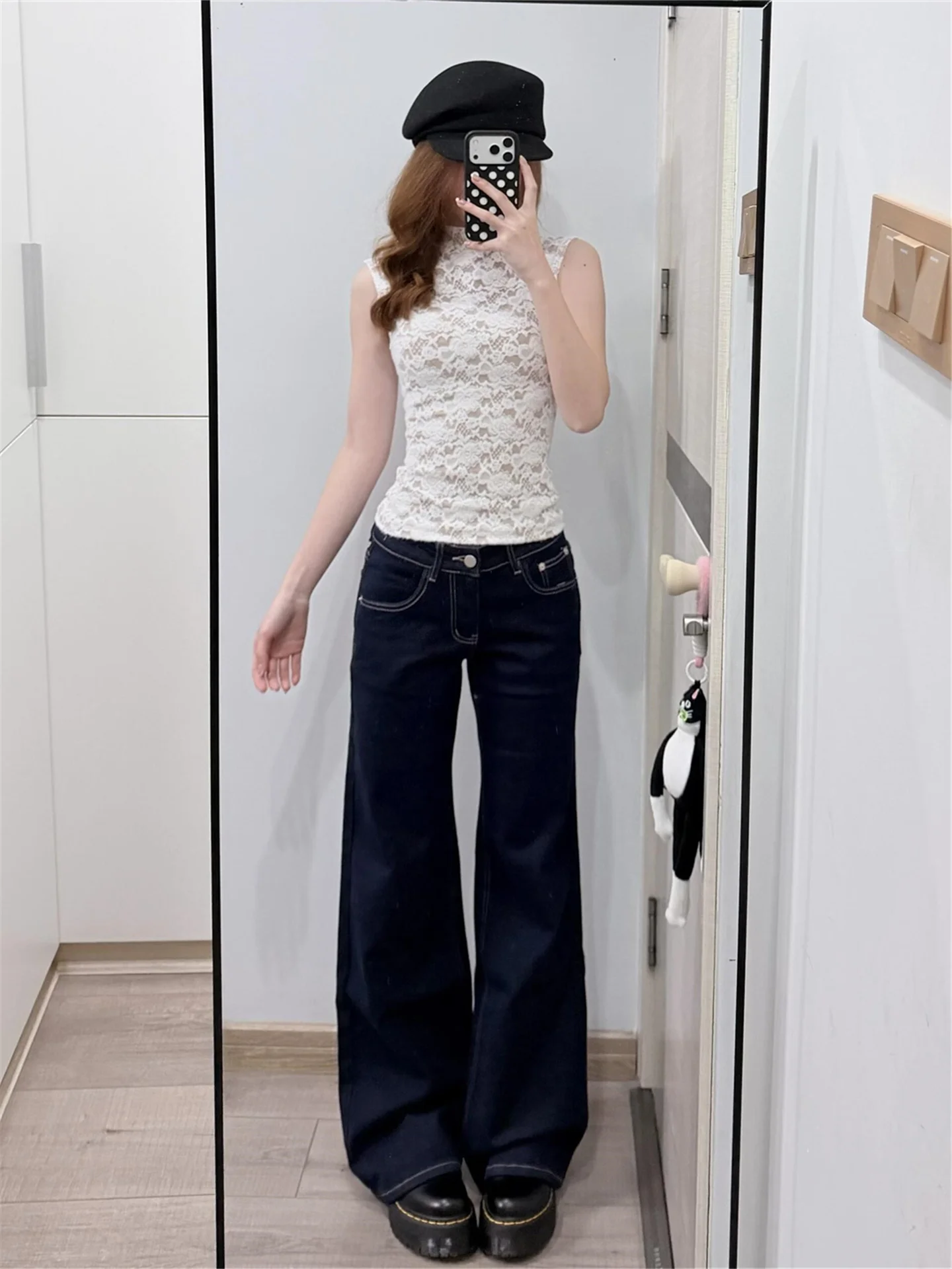 

Deep Blue Low Waist Bell Bottom Jeans Women's Loose Drapey Casual High Waist Extended Length Wide Leg Pants Spring Fashion