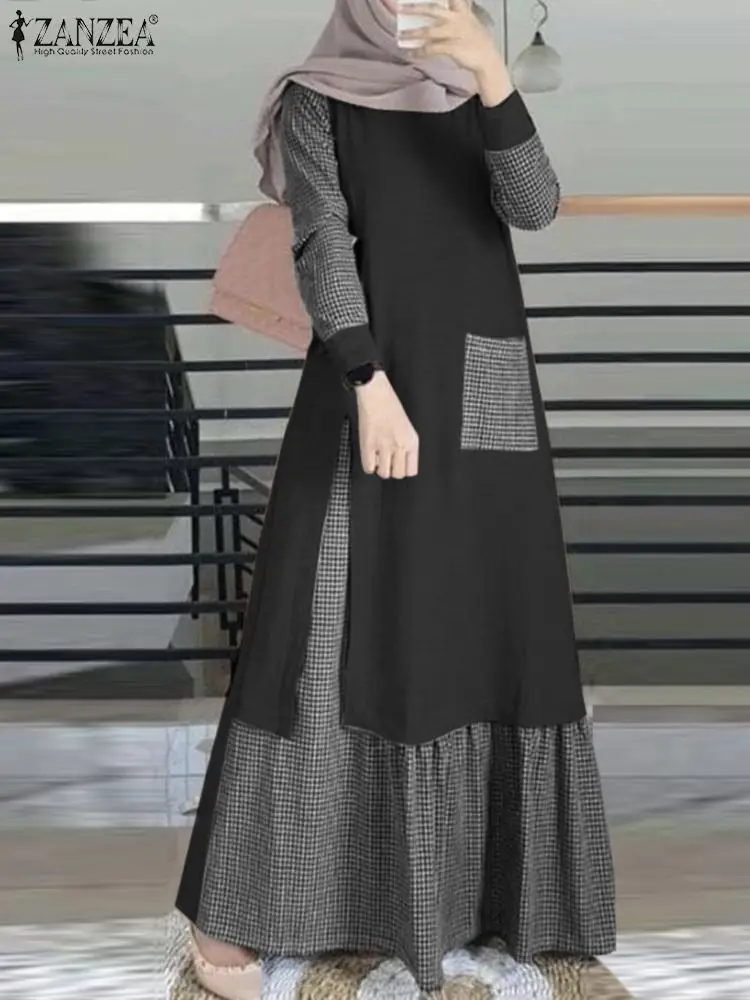 ZANZEA-vestido de manga comprida em retalhas para mulheres, vestido muçulmano vintage, vestido xadrez, Turquia Abaya, manga comprida, robe overszie,