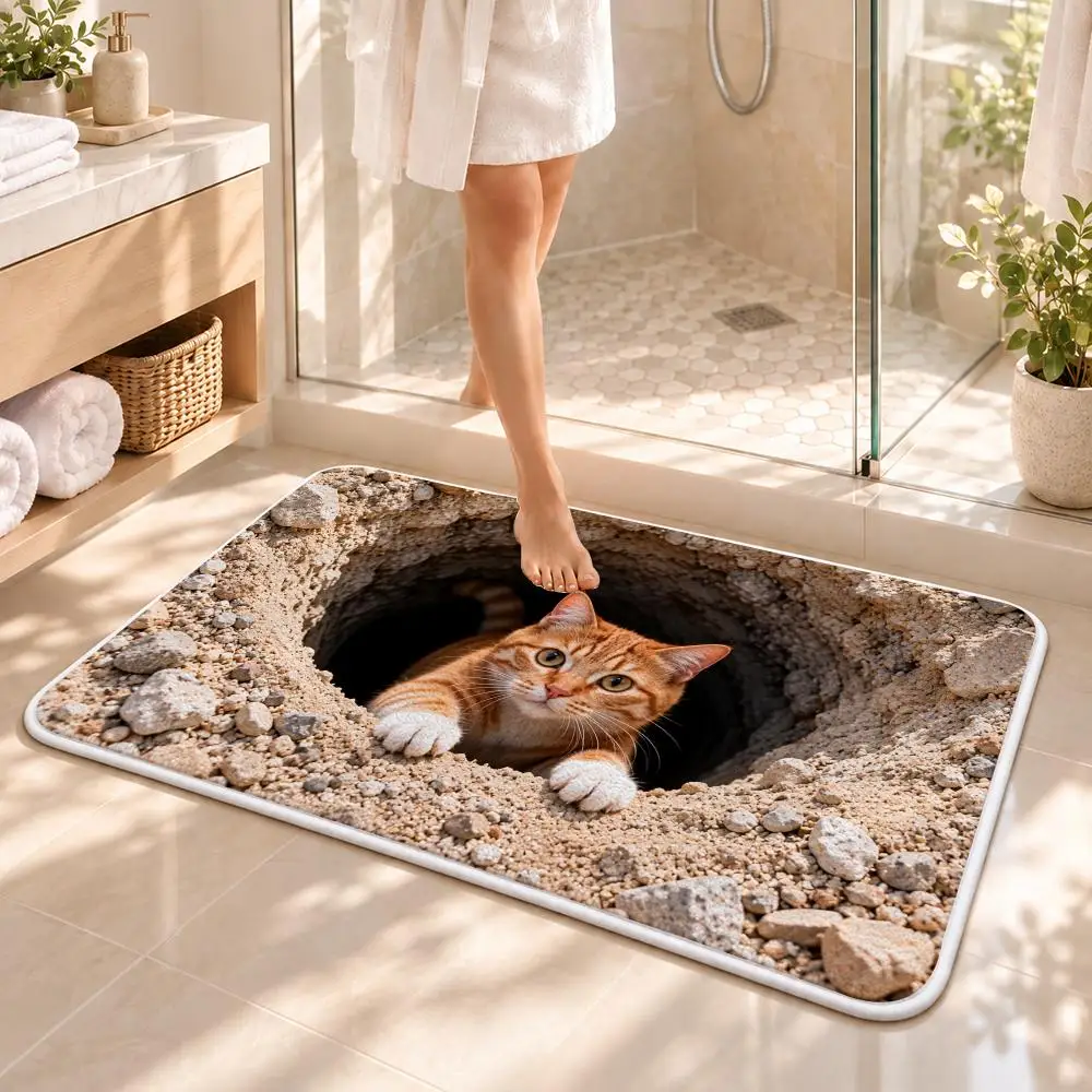Cute Ginger Cat Peeking Hole Floor Mat Flannel Rug Soft Non Slip Door Mat for Bathroom Bedroom Entryway Home Decor Gift