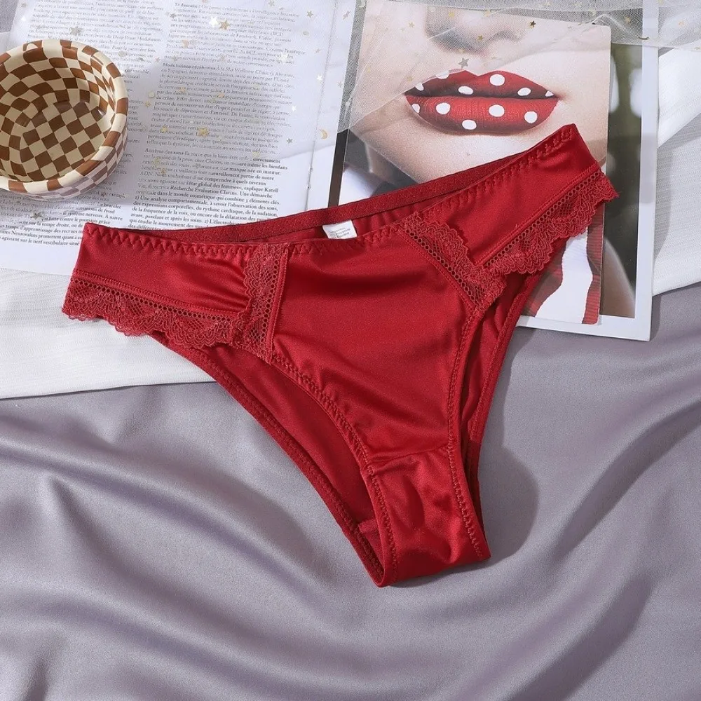 Smooth Low Waist Women Underwear Seamless Lace Triangle Panties French Style Lingerie Satin Silk Briefs Female