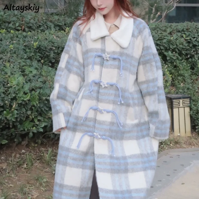 

Striped Blends Women Korean Fashion Sweet Overcoats Horn Buckle Turn-down Collar Gentle Kawaii Leisure Daily All-match Seductive