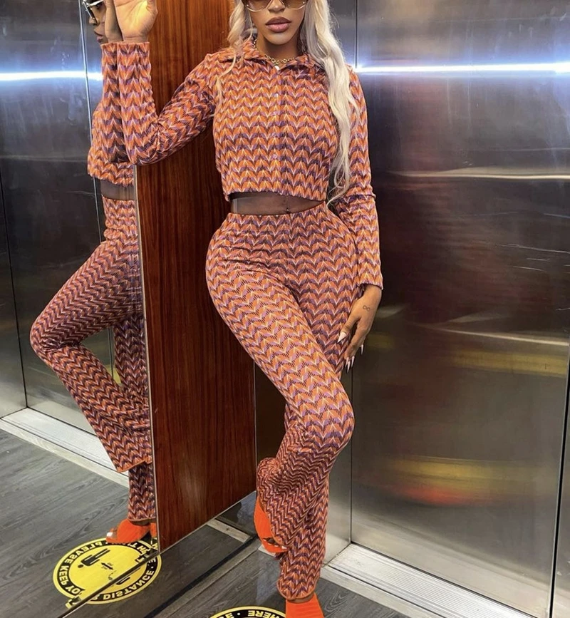 

STYLISH LADY Striped Printed 2 Piece Set Women Long Sleeve Single Breasted Crop Top and Wide Leg Pant Suits 2023 Autumn Outfits