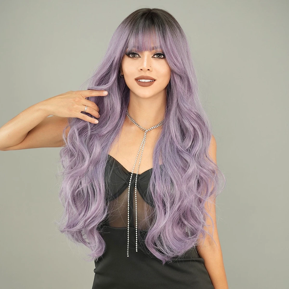 PARK YUN Synthetic Wig  Loose Water Wavy Purple Wig With Dark Roots High Density Long Wavy Hair Wigs With Neat Bangs