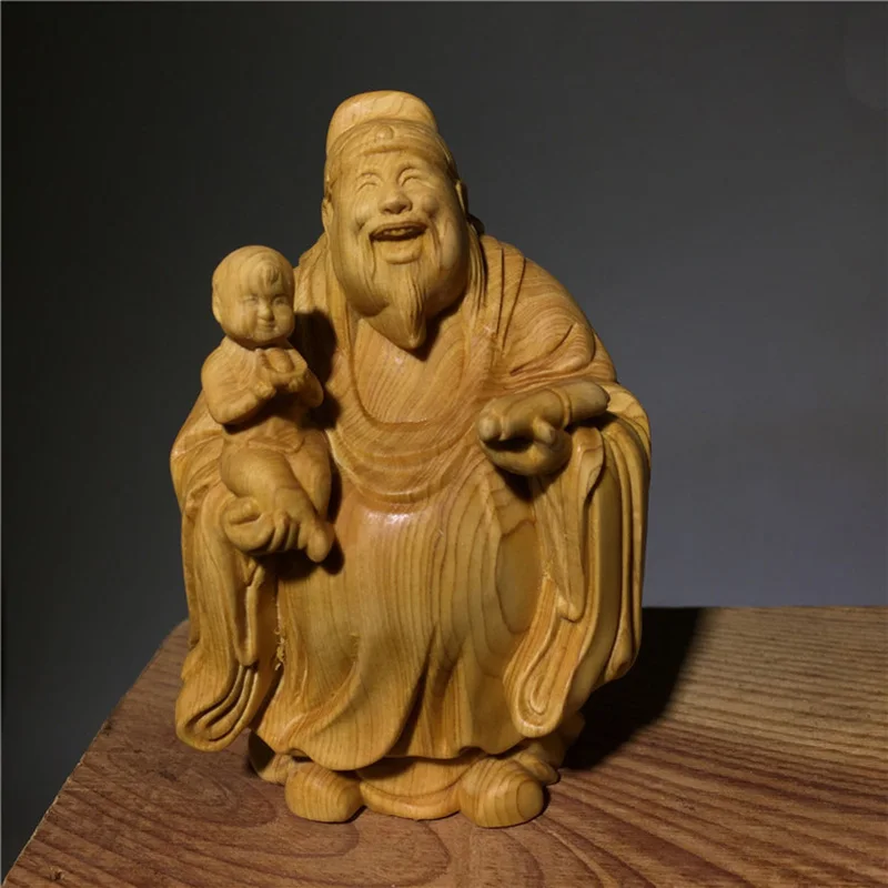 Natural Solid Wood Fu Lu Shou- Characters Statue Wooden Hand-Carved Home Room Office Fortune Decoration Statue Three-piece set - Image 5