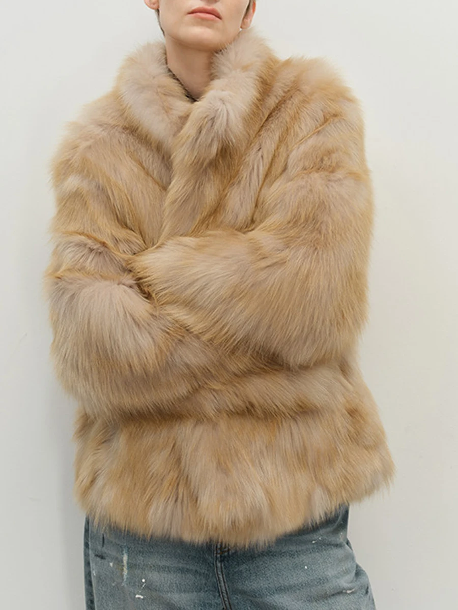LIMO Women Faux Fur Short Coat Stand Collar Open Front Loose Long Sleeve Furry Outerwear