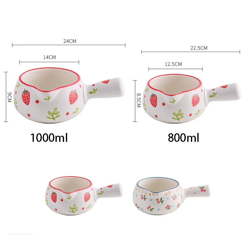 800/1000ml Strawberry Cherry Ceramic Milk Pan Kitchen Soup Pot Cookware For Oatmeal Butter Cooking Pan With Wooden Gas Open Fire