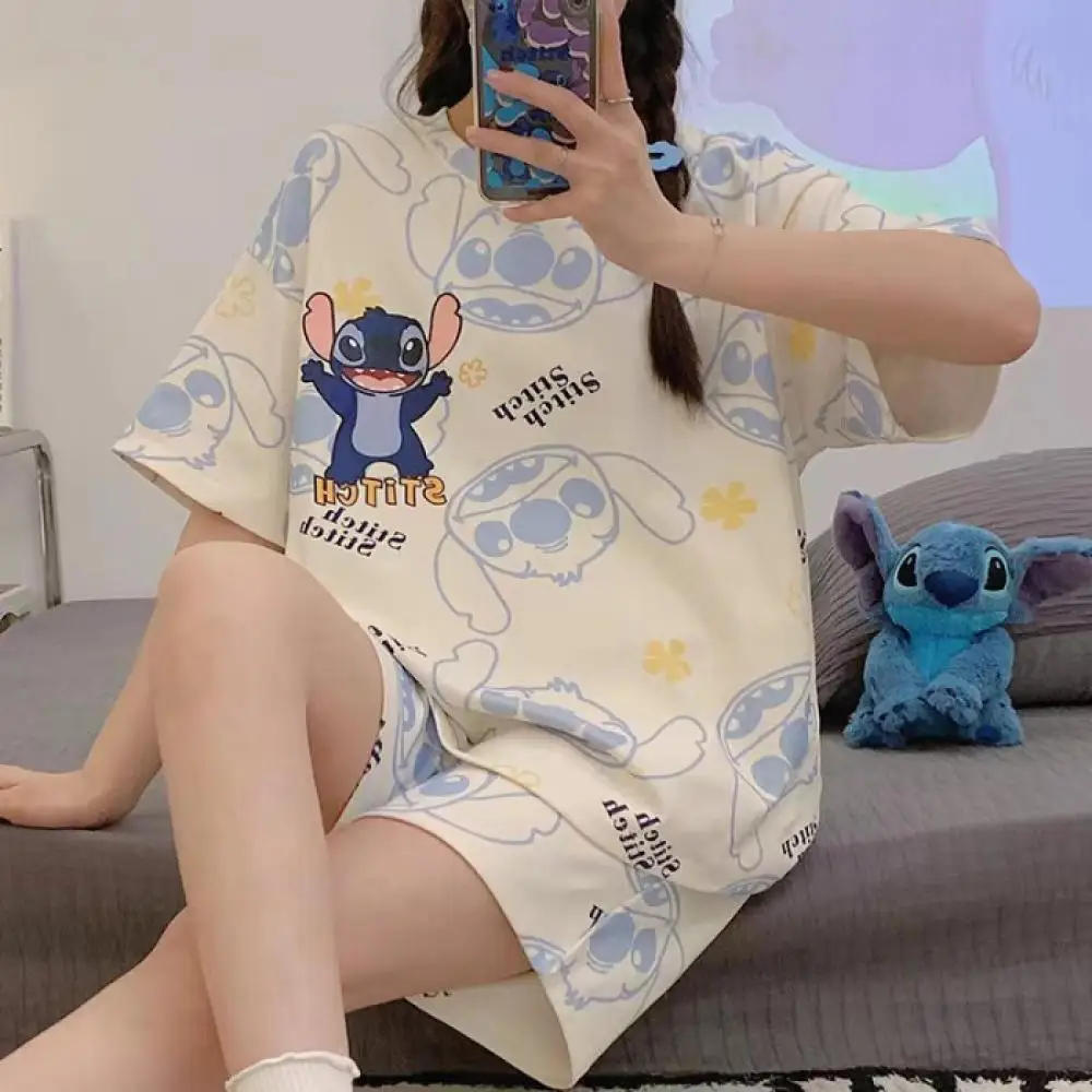 Summer Cartoon Stitch 2Pcs Women's Pajamas Shorts Sanrio Kawaii Cinnamoroll Y2K Short Sleeve Thin Cute Girls Casual Home Clothes