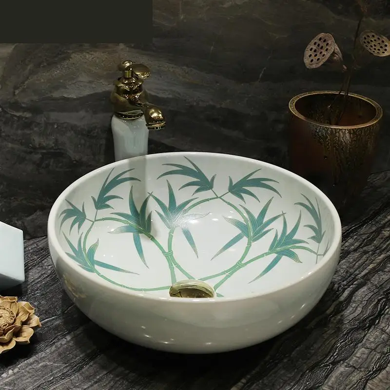 

Ceramic Basin round European Style Artistic Basin Washbasin Washroom Hand Washing Table bamboo ceramic wash basin bathroom sink