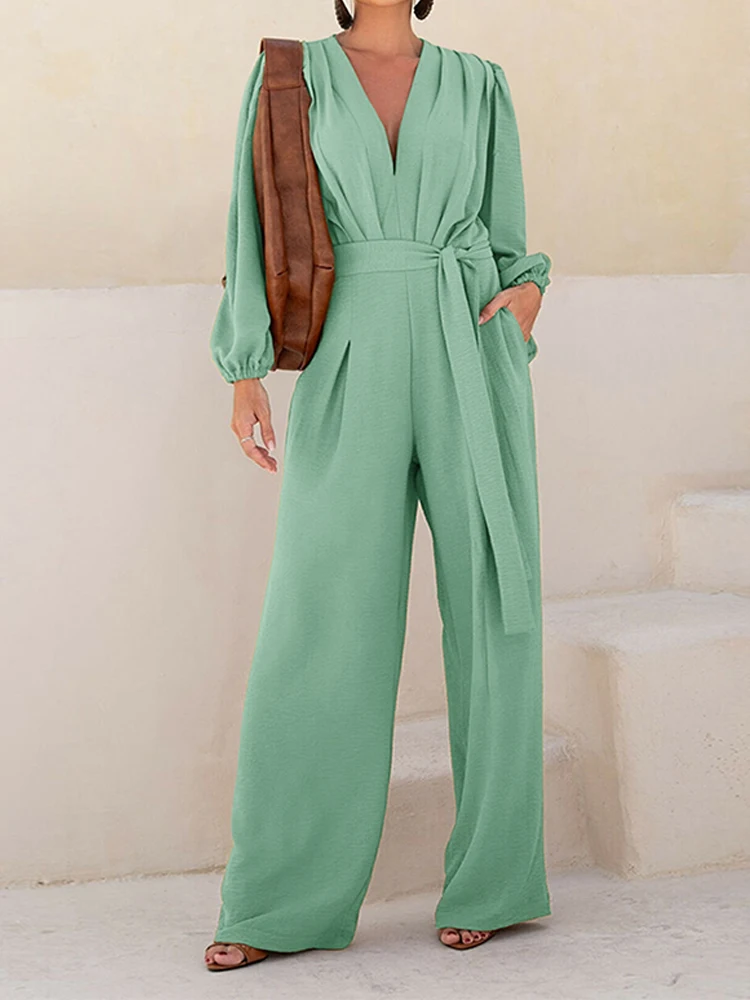

Retro Solid Color V Neck High Waist Romper Casual Lace Up Pleated Commuting Jumpsuit New Autumn Long Sleeved Loose Women Romper