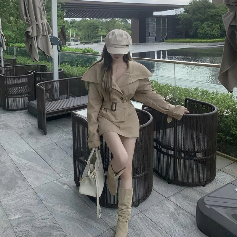England Style Vintage Long Sleeve Coat + Mini Skirt Button Solid Color Women Casual Y2k American Retro Patchwork Spring Summer