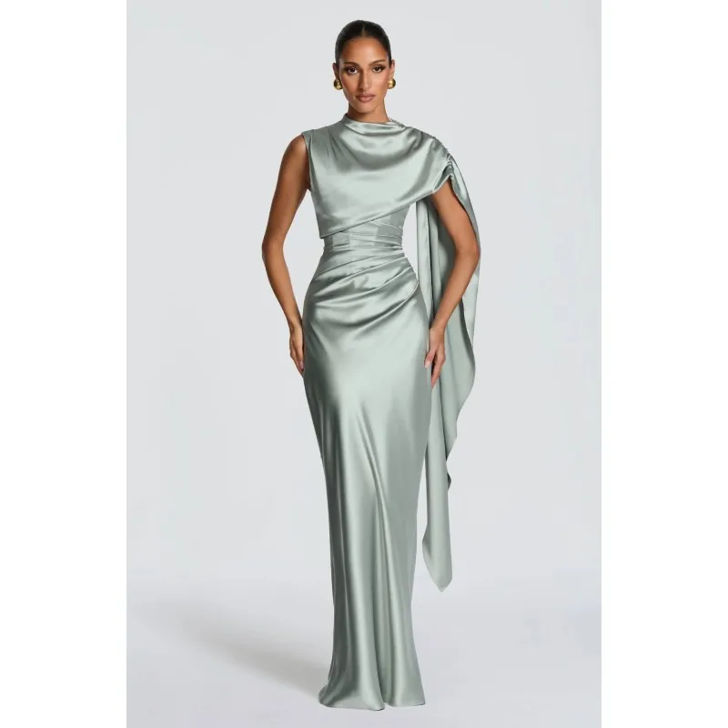 Elegante Damen-Partykleider mit Drapiertem Cape, Satin-Abendkleid, Hochgeschlossenes Korsett-Rückenkleid mit Geraffter Taille 2026