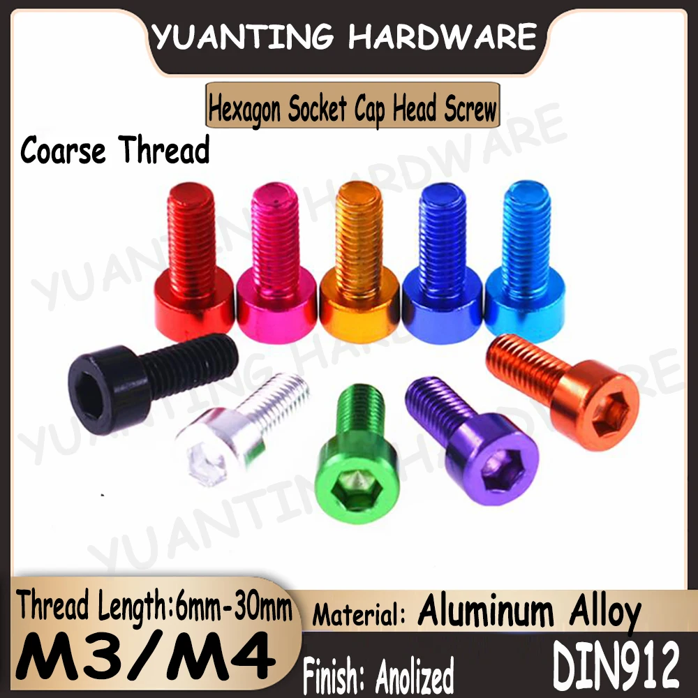 

3Pcs/5Pcs M3 M4 DIN912 Aluminum Alloy Hexagon Socket Cap Head Screws Colourful Bolts Allen Screws with Metric Coarse Thread