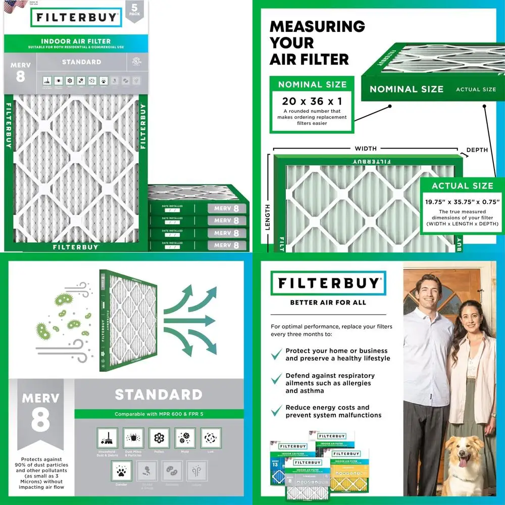 

5-Pack MERV 8 Air Filters, 20x36x1, Electrostatic Pleated for HVAC AC Furnace, Dust & Allergy Defense, Made in USA (Actual Size: