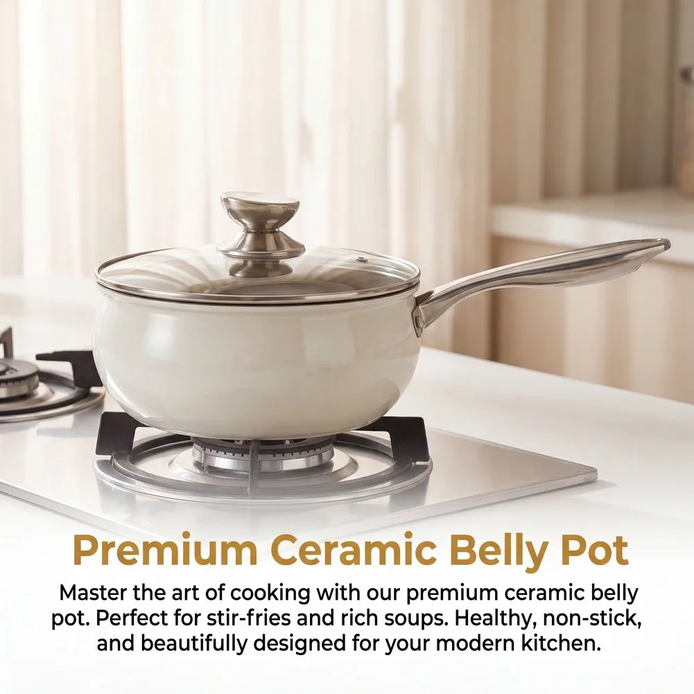 Round Curved Metal Pot with Solid Single Handle and Clear Glass Lid Designed for Soup Noodle Stir Fry on Gas Induction Stoves