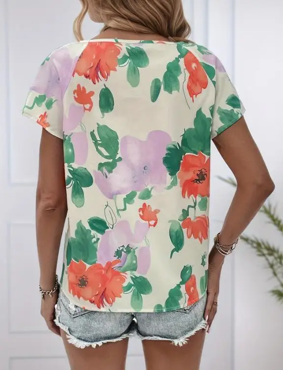 

Flower Print Casual Round Neck Short Sleeved Chiffon Shirt Top for Women's Vacation Style Slim Fit Short Sleeved Chiffon Shirt
