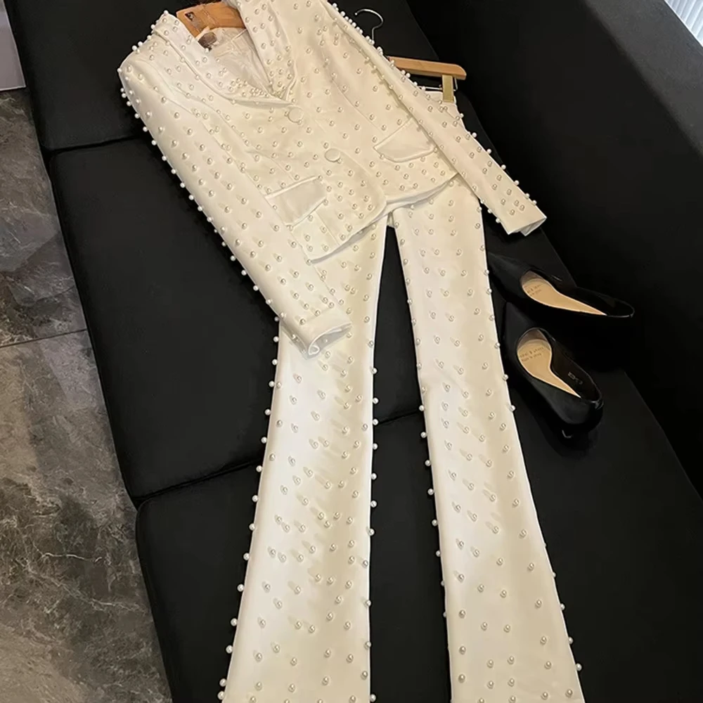 Spliced Pearl Solid Two Piece Sets For Women‘s Lapel Long Sleeve Top High Waist Pants Elegant Set Female conjuntos de pantalone