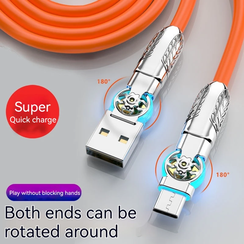 USB Type-C Double Elbow Rotary Led Light Extra Coarse Soft Silicone Machine Quick Charging Data Cable Car General Charging Cable