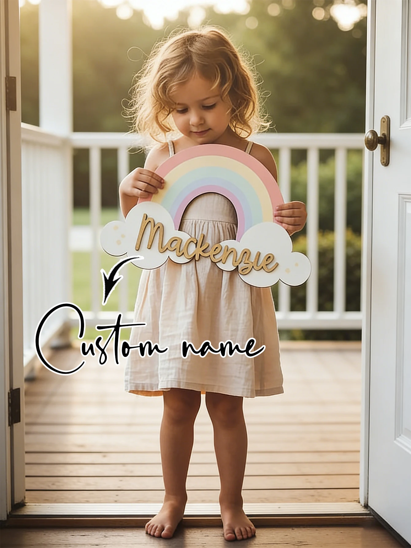 Custom Pastel Rainbow Cloud Wooden Name Sign Personalized Gold Script Name Plaque Girls Boho Nursery Wall Decor Newborn Shower - view 5