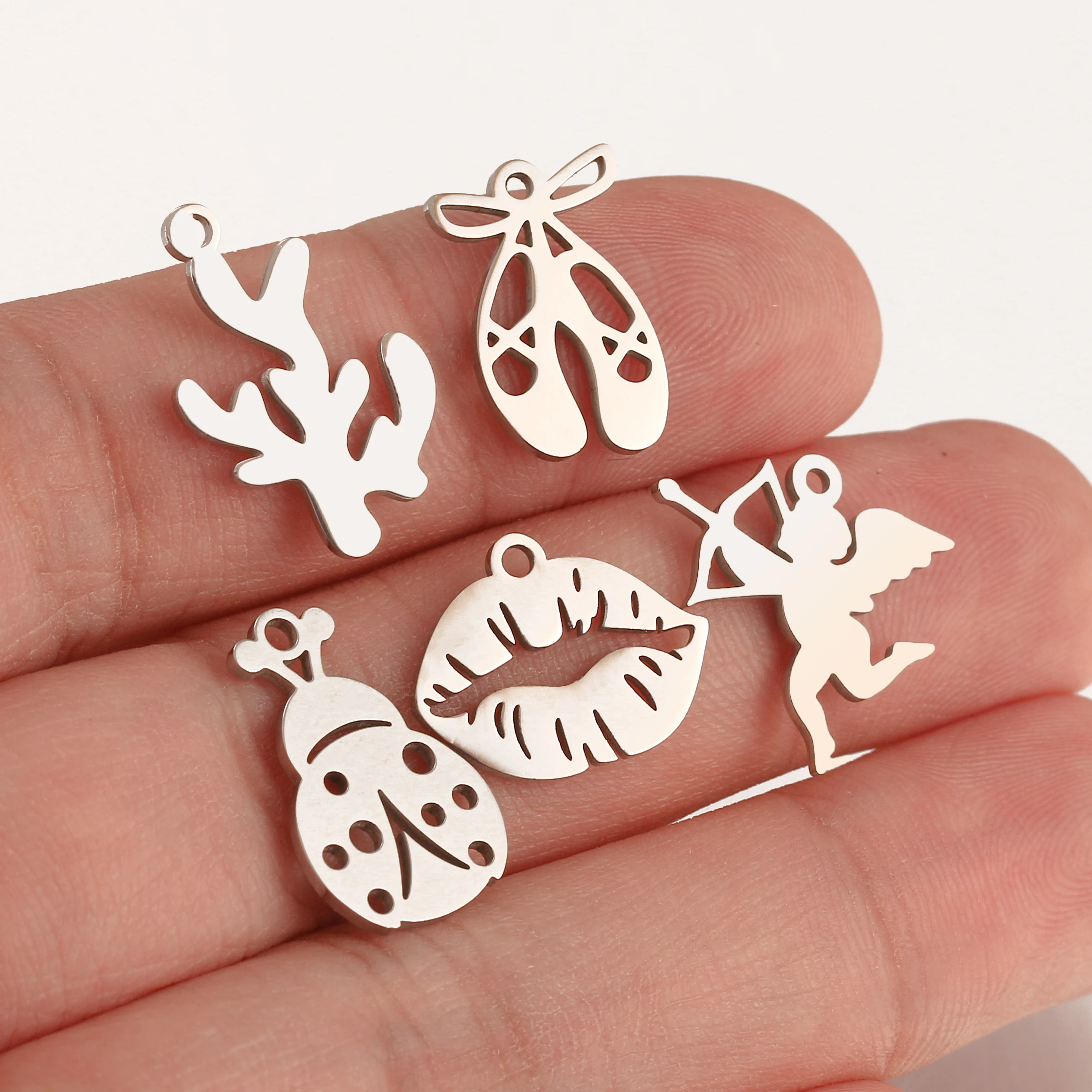 5Pcs Ballet Shoe/Love Angel/Lip Charm Stainless Steel Fadeless Fantastical Castle Pendant DIY Necklaces Bracelet Jewelry Making