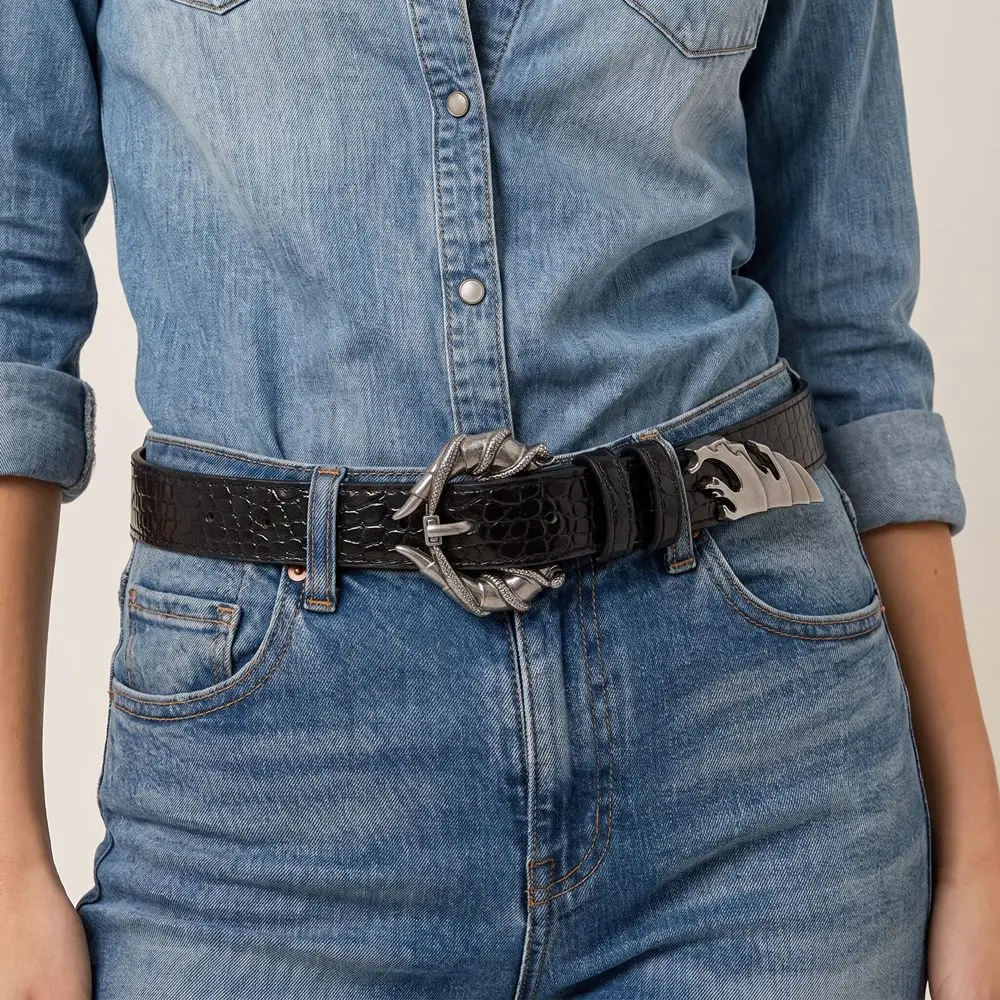 Cool PU Leather Double Snake Belt Irregular Gothic Women Belt Metal Hip Hop Y2K Rivet Belt Female