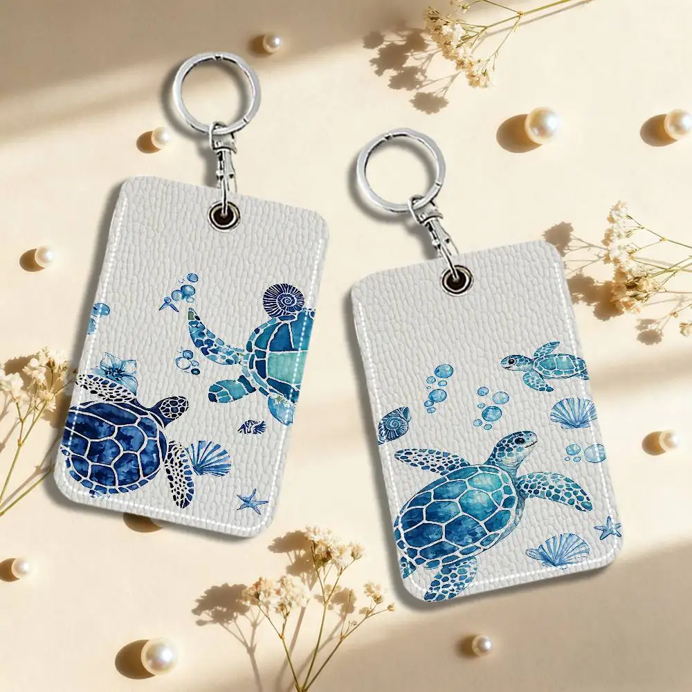 Cute Blue Watercolor Sea Turtle Keychain Card Holder, Badge Credit Card Holder, Student ID Card Holder, Portable PU Leather