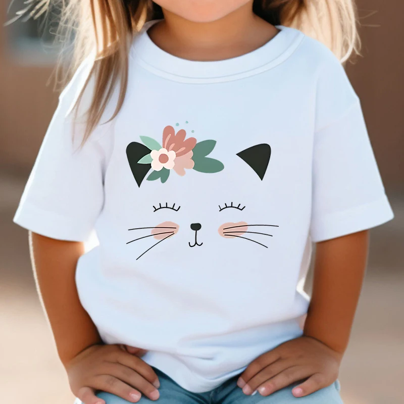 Cartoon Flower Cat Design Girls Boys Short Sleeve T-shirt 2024 Summer Clothing Loose Cute Animal Tops Tees Kids Kitten Tshirt