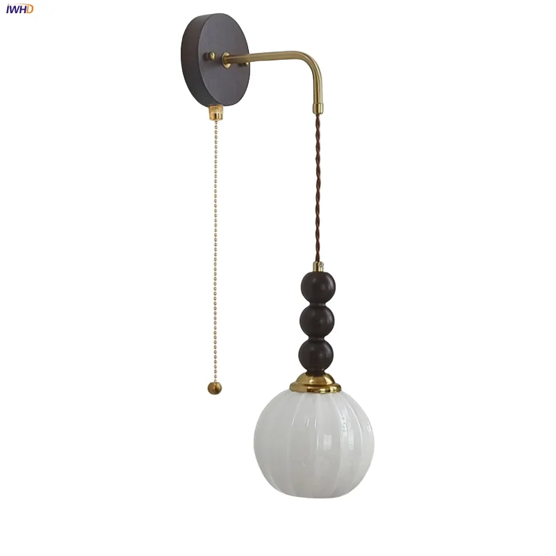 

IWHD Pull Chain Switch LED Wall Light Fixture Bedroom Reading Stair White Glass Globe Wood Nordic Modern Bathroom Mirror Light