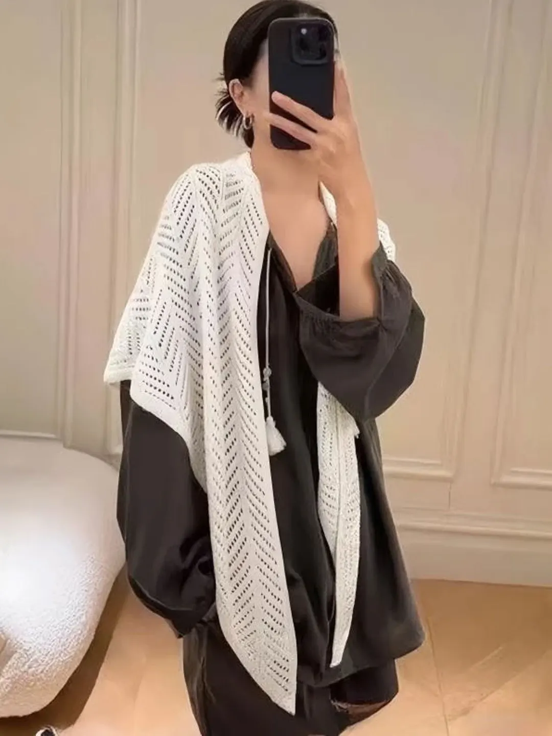 

White Hollow out Irregular Shoulder Shawl Women's Summer High-End Knitted Sweater Air Conditioned Room Outerwear